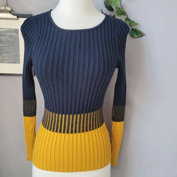 Karen Millen Sweaters - Karen Millen Ribbed Knit Color Block Sweater Top Blue Mustard S